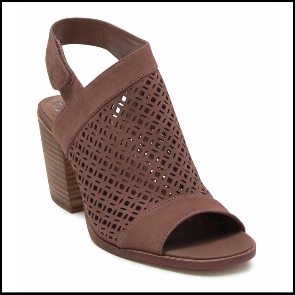 Vince Camuto Brown Laser-Cut Open Toe Block Heel Bootie